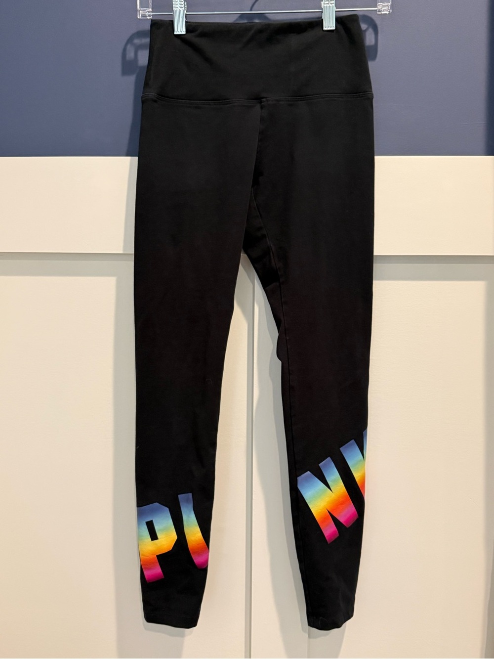 PINK Victoria's Secret Black Leggings with Rainbow Ombre PINK Logo
